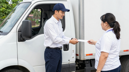 manager handing insurance proof to driver generated with Z-Image